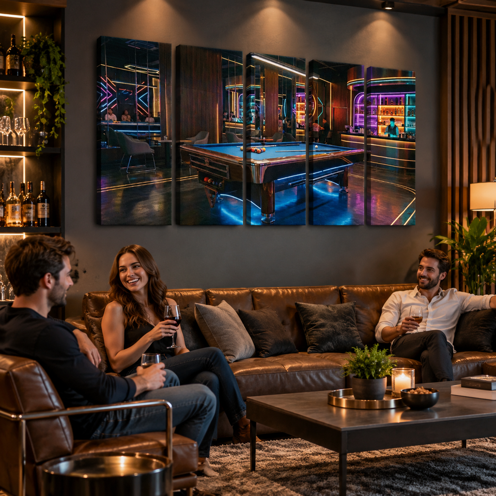 Billiards Pool Lounge Neon Lights Bar — 1, 3, 5-Panel Level Canvas Wall Art