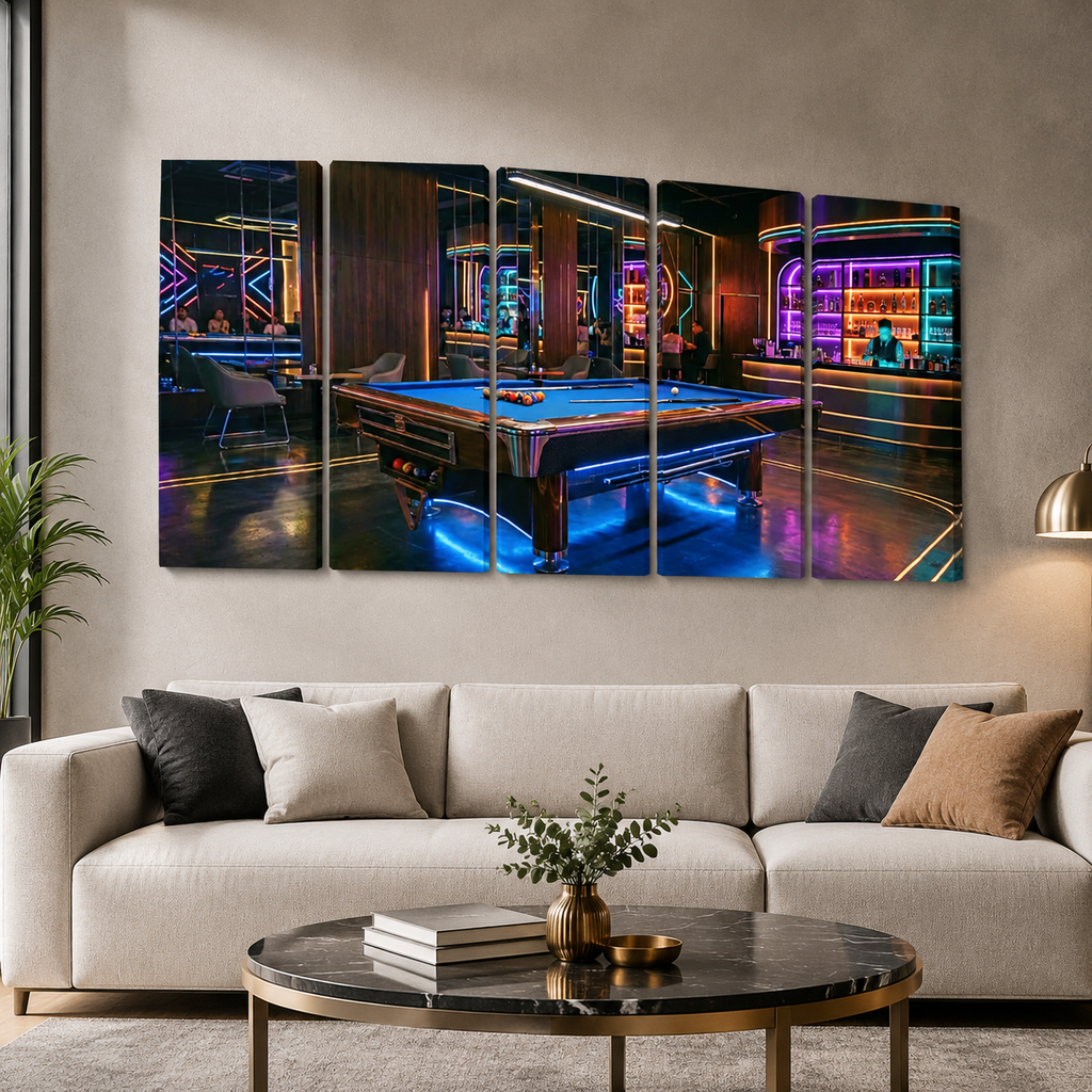 Billiards Pool Lounge Neon Lights Bar — 1, 3, 5-Panel Level Canvas Wall Art