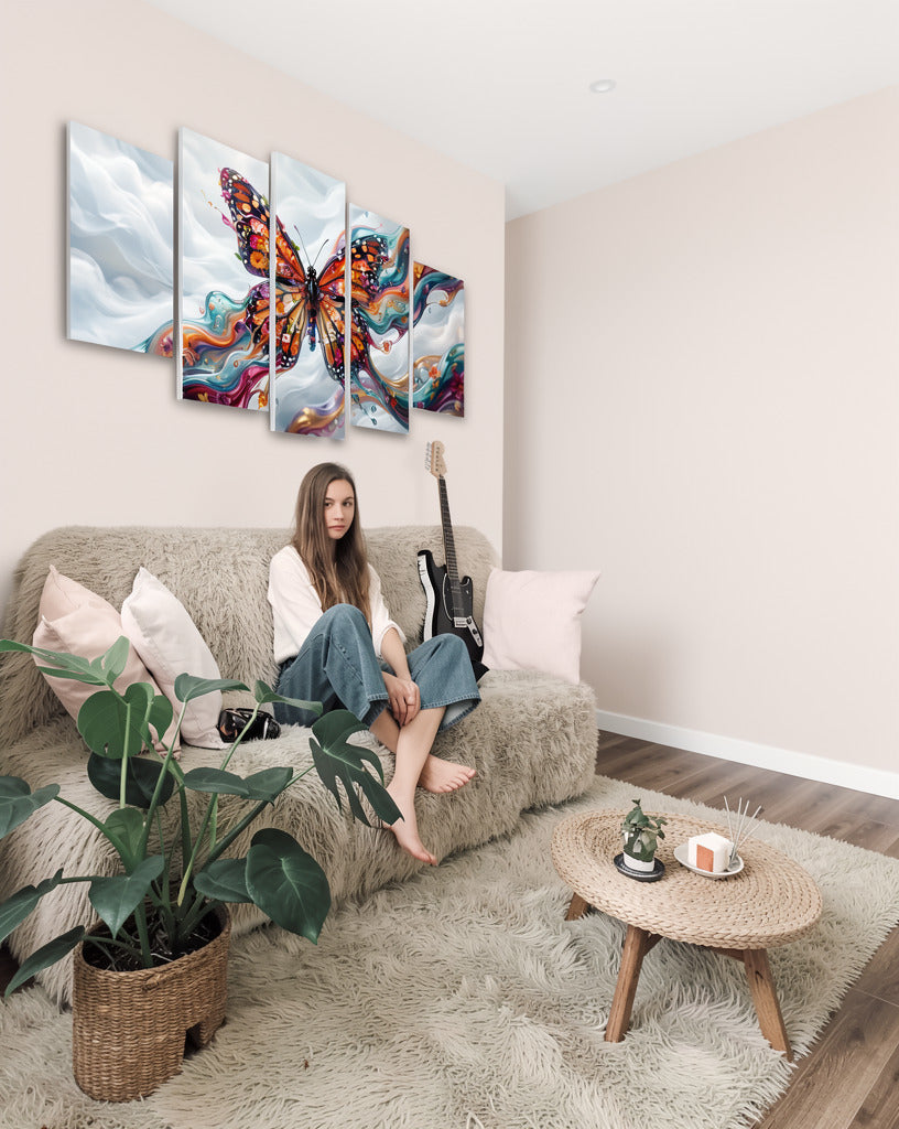 Woman sitting on a couch in a living room with a colorful butterfly artwork on the wall.