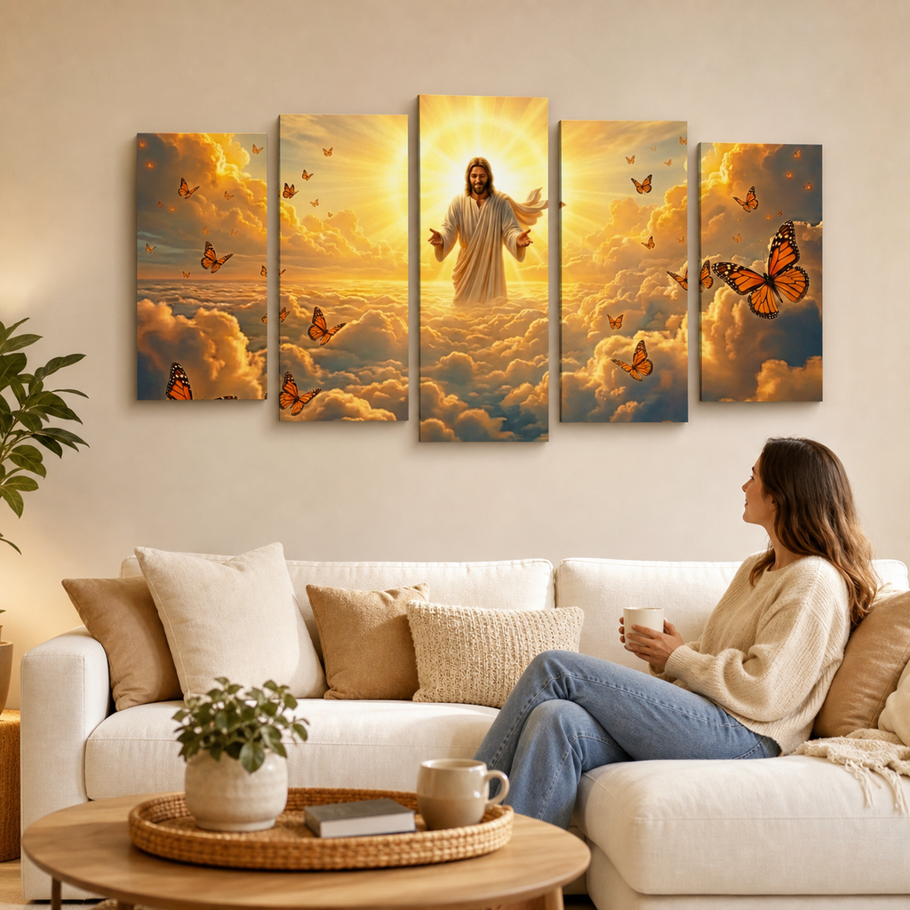 God Releasing Butterflies Canvas Wall Art – Divine Grace at Sunrise | 1, 3 & 5 Panel Faith Print