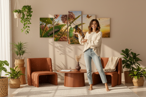 A woman stands barefoot in a modern living room, holding a small bird figurine. The room features a multi-panel canvas wall art set depicting tropical jungle foliage and birds, styled with terracotta chairs, potted plants, and a neutral beige wall.
