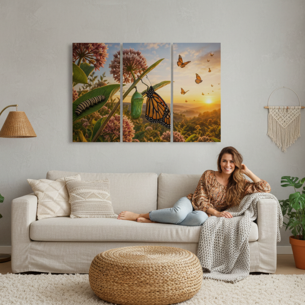 A woman reclines on a light beige sofa in a styled living room, with a three-panel wall art piece depicting a monarch butterfly and wildflowers above her. The room includes a woven ottoman, potted plants, a floor lamp, and a macrame wall hanging.