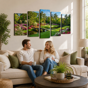 Georgia Golf Course Canvas Wall Art — Flowers, Water & Bridge Multi-Panel Print