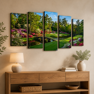 Georgia Golf Course Canvas Wall Art — Flowers, Water & Bridge Multi-Panel Print