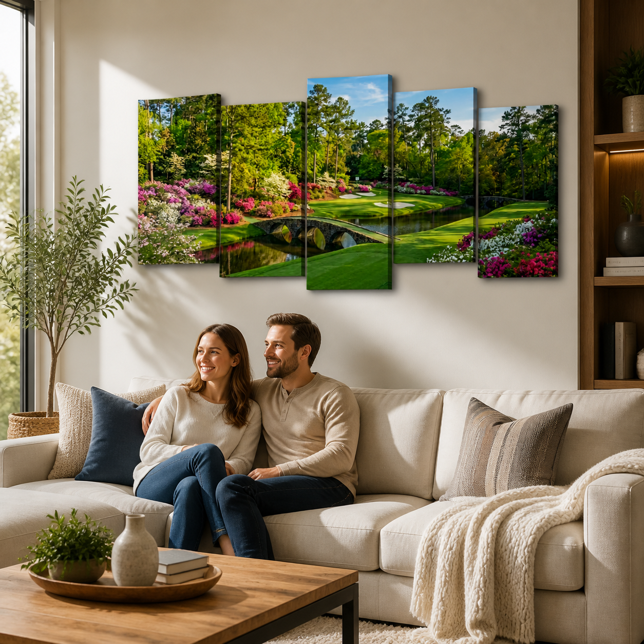 Georgia Golf Course Canvas Wall Art — Flowers, Water & Bridge Multi-Panel Print