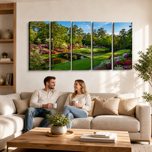 Georgia Golf Course Canvas Wall Art — Flowers, Water & Bridge Multi-Panel Print