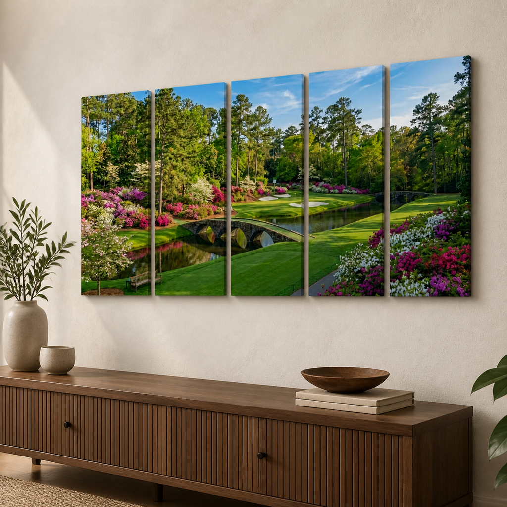 Georgia Golf Course Canvas Wall Art — Flowers, Water & Bridge Multi-Panel Print
