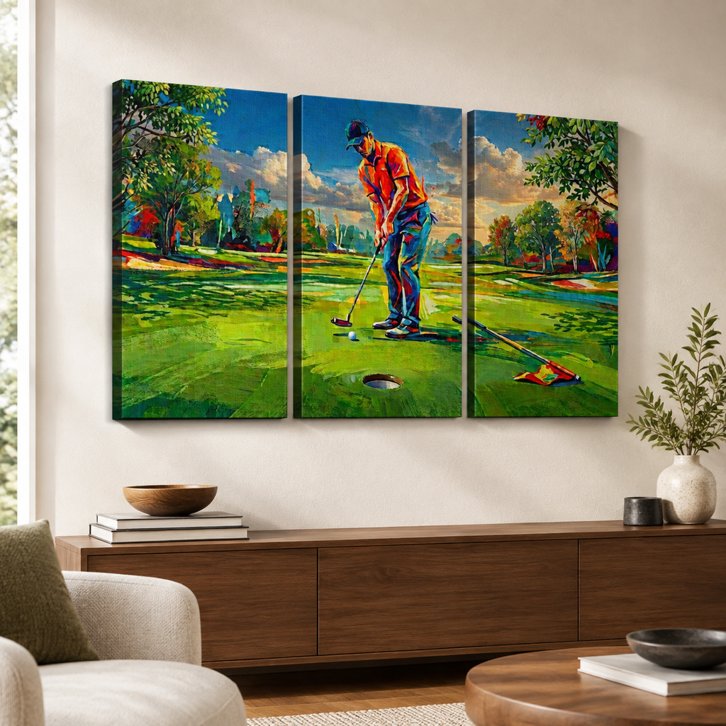 Golfer Golfing Putter Putting on Green — Golf Course Split Canvas Panel 1, 3 & 5 Wall Art