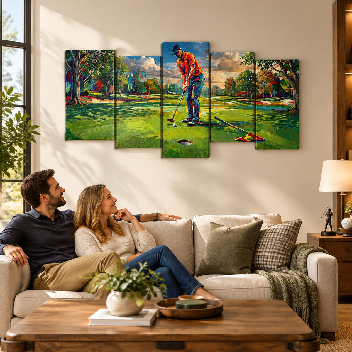 Golfer Golfing Putter Putting on Green — Golf Course Split Canvas Panel 1, 3 & 5 Wall Art