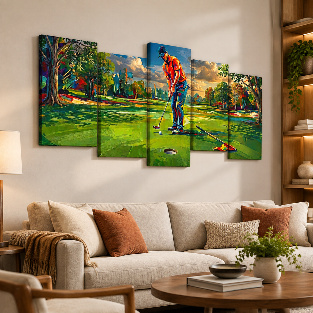Golfer Golfing Putter Putting on Green — Golf Course Split Canvas Panel 1, 3 & 5 Wall Art