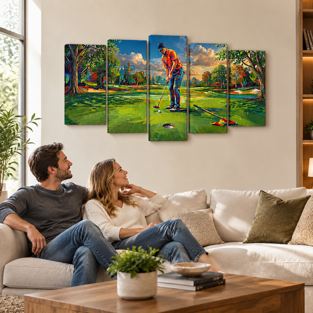 Golfer Golfing Putter Putting on Green — Golf Course Split Canvas Panel 1, 3 & 5 Wall Art