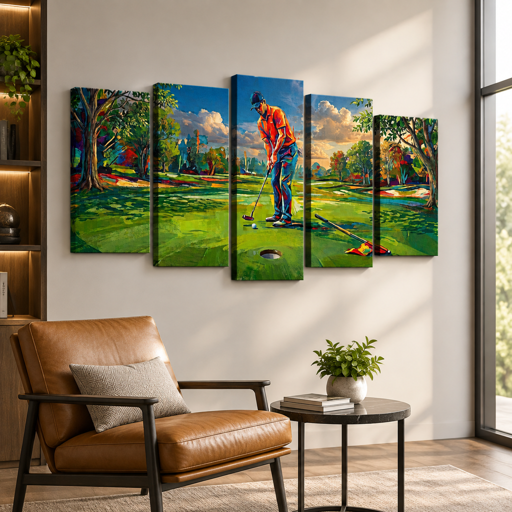 Golfer Golfing Putter Putting on Green — Golf Course Split Canvas Panel 1, 3 & 5 Wall Art