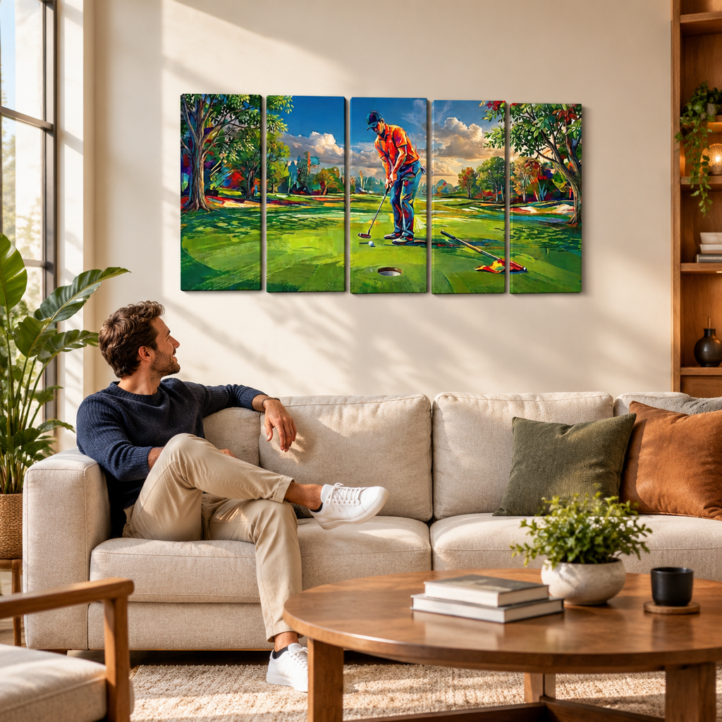 Golfer Golfing Putter Putting on Green — Golf Course Split Canvas Panel 1, 3 & 5 Wall Art