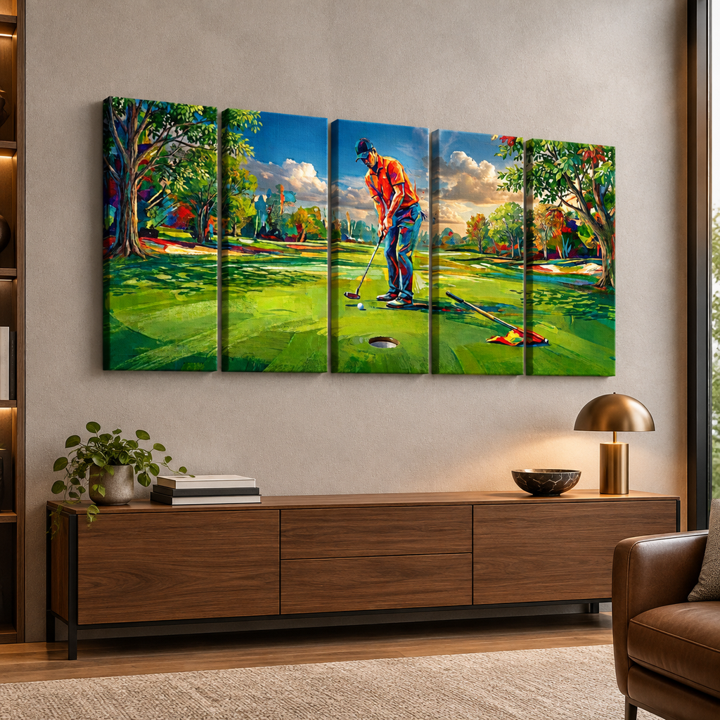 Golfer Golfing Putter Putting on Green — Golf Course Split Canvas Panel 1, 3 & 5 Wall Art