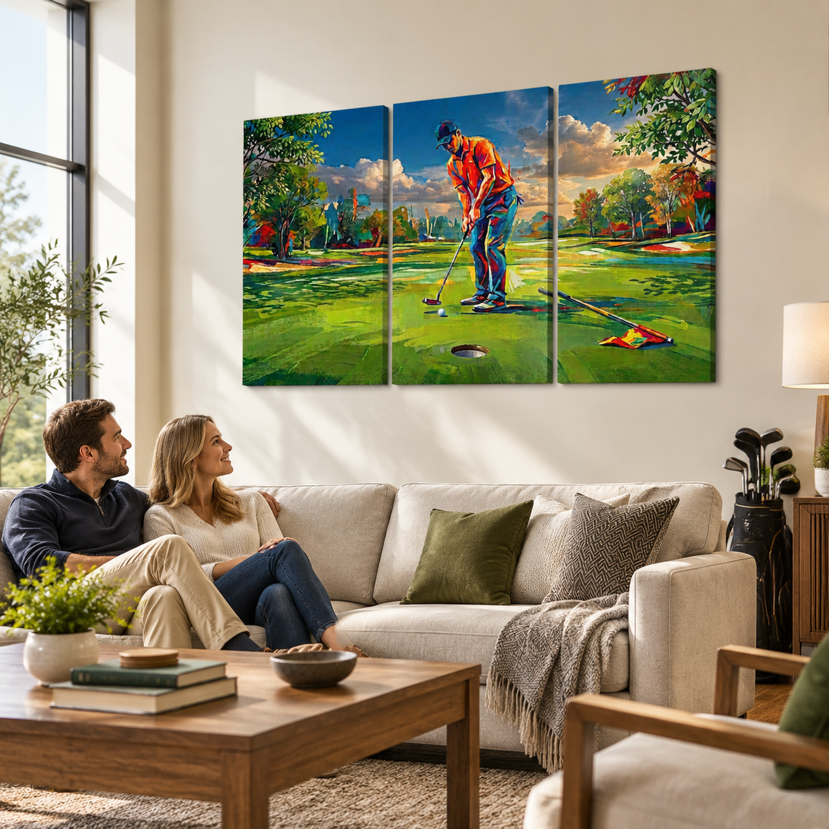 Golfer Golfing Putter Putting on Green — Golf Course Split Canvas Panel 1, 3 & 5 Wall Art