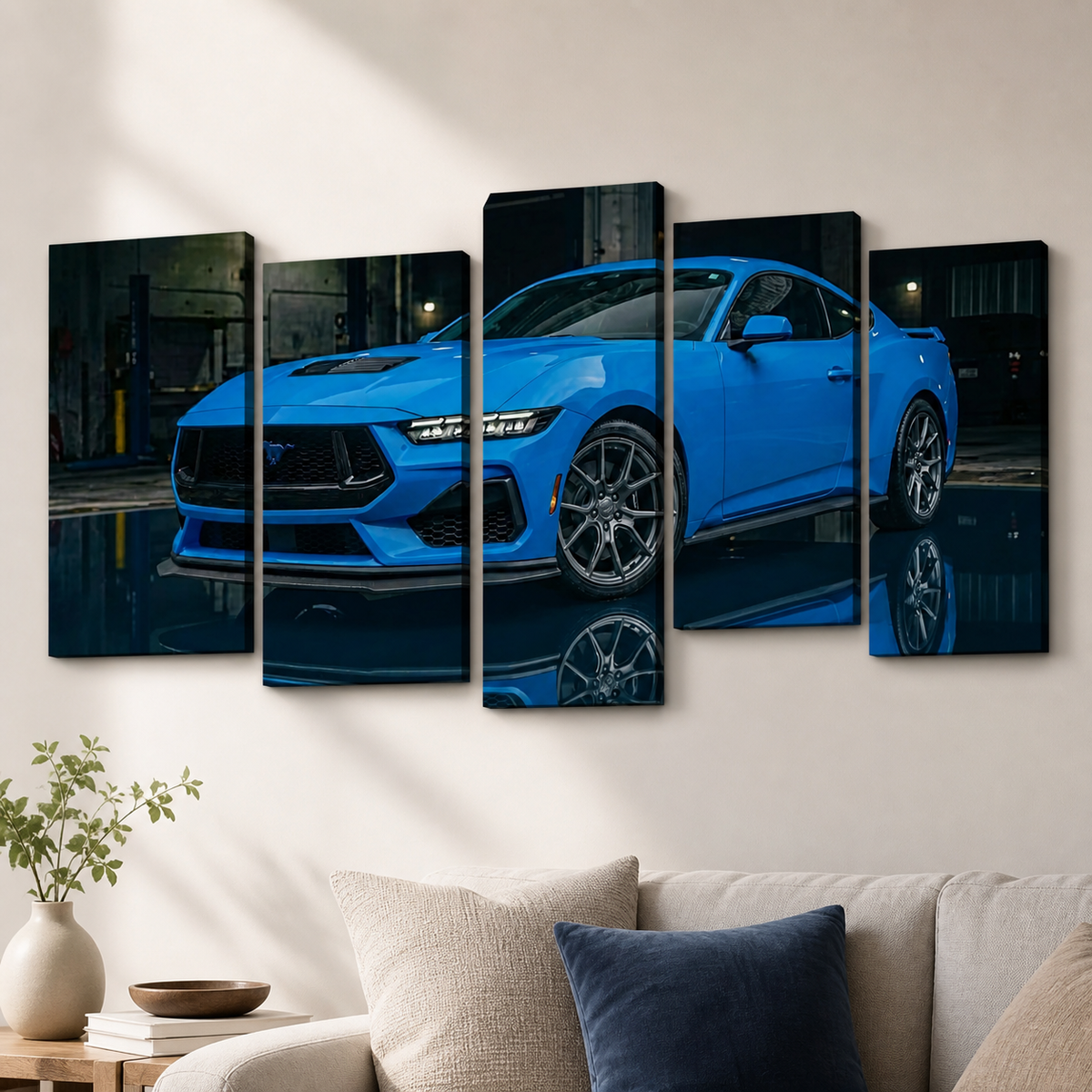 Grabber Blue Ford Mustang Muscle Car Man Cave — 5-Panel Canvas Wall Art