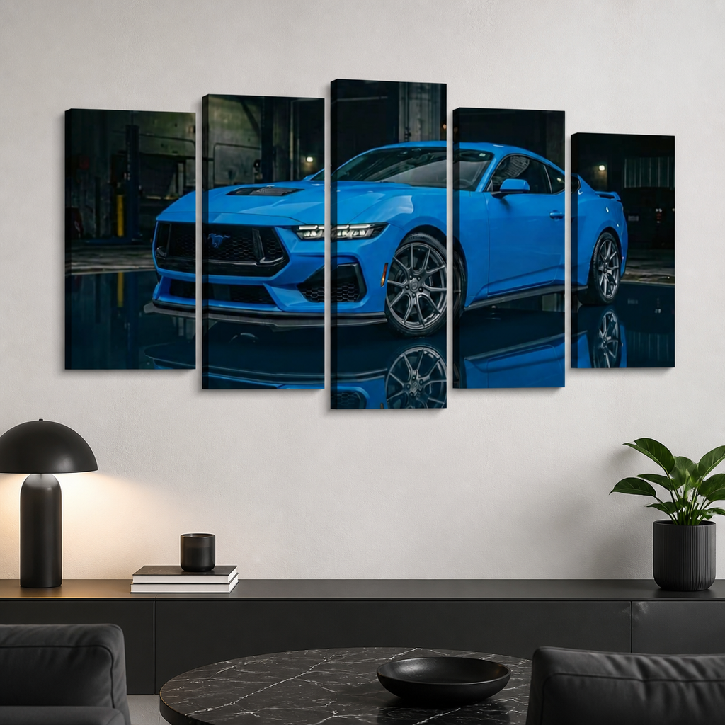 Grabber Blue Ford Mustang Muscle Car Man Cave — 5-Panel Canvas Wall Art
