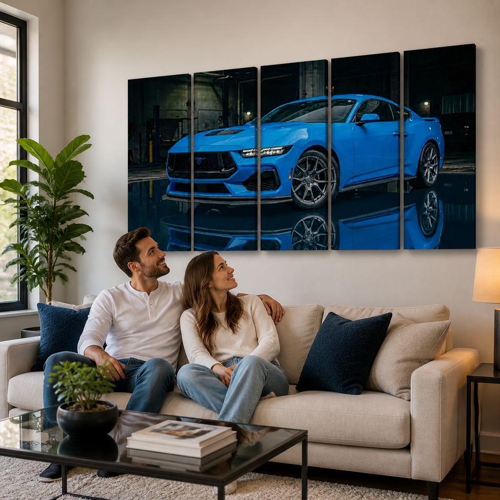 Grabber Blue Ford Mustang Muscle Car Man Cave — 5-Panel Canvas Wall Art