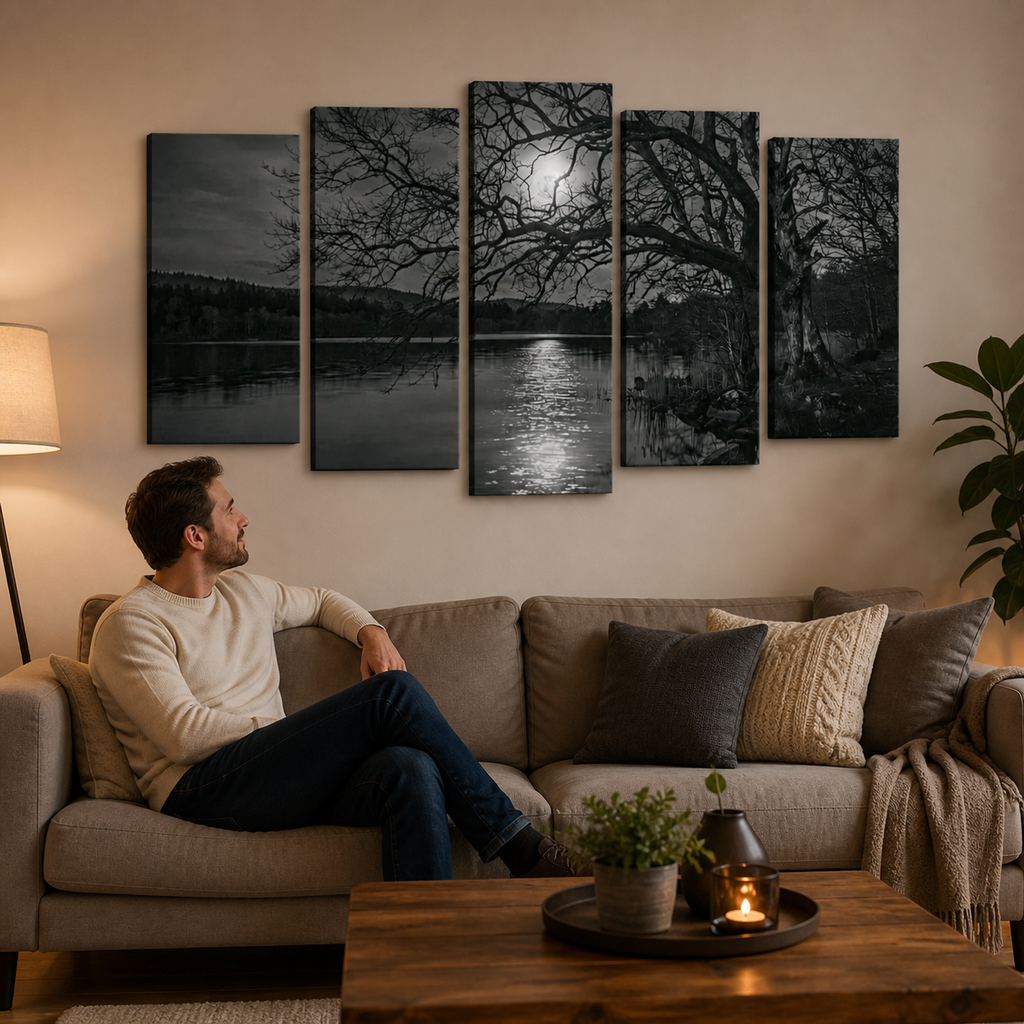 A man sits on a beige sofa in a living room, looking at a five-panel black and white canvas wall art set depicting a moonlit lake scene with bare trees.