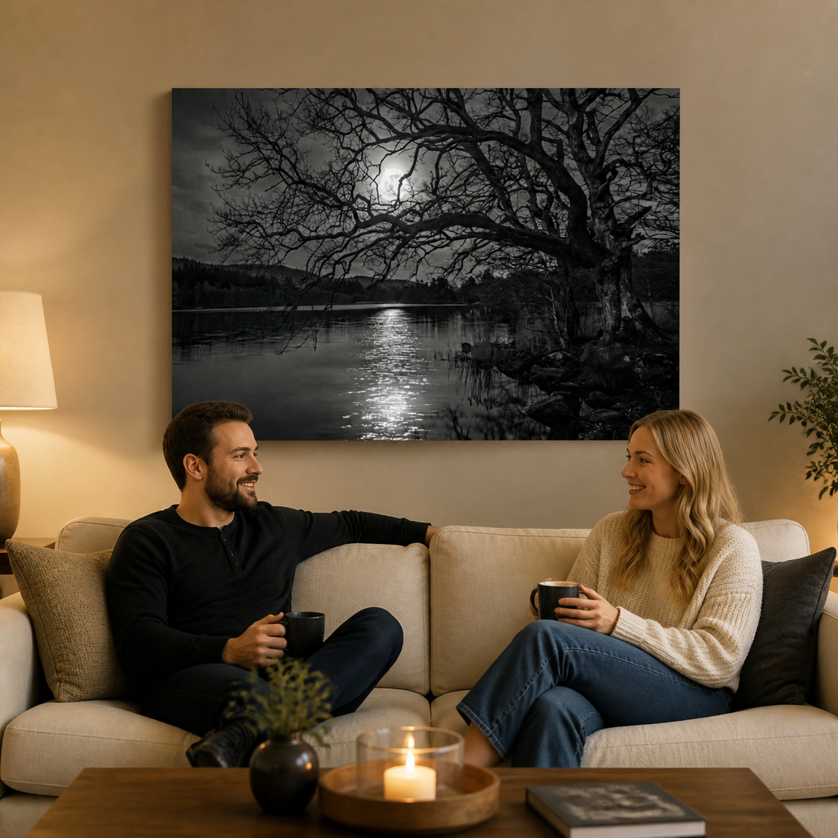 A large black and white canvas wall art print depicting a moonlit scene over a lake with bare trees, displayed on a beige wall above a cream sofa where a man and woman are sitting and holding mugs.
