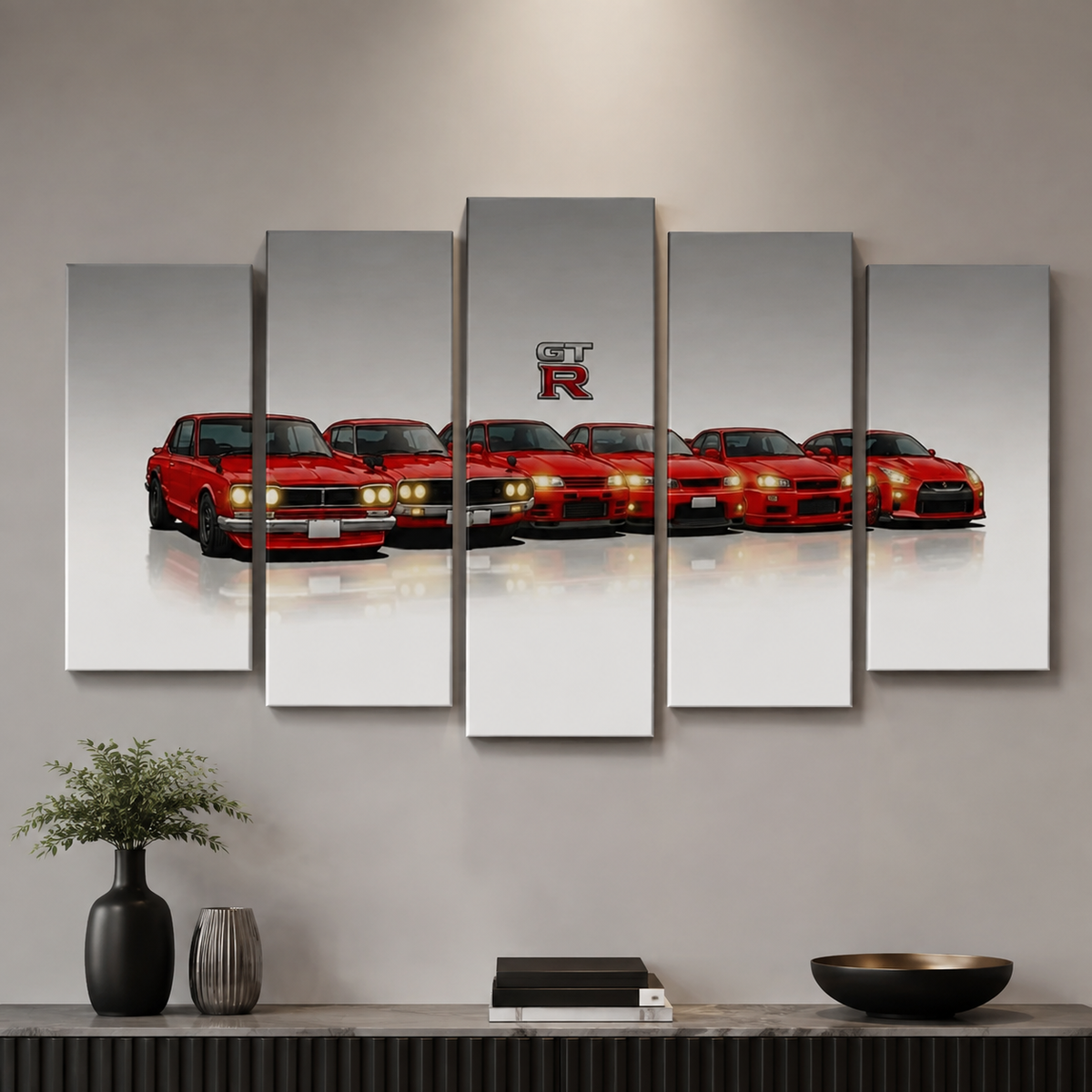 Red Nissan GTR Canvas Wall Art – Generations Multi-Panel | 1, 3 & 5 Panel Garage Décor