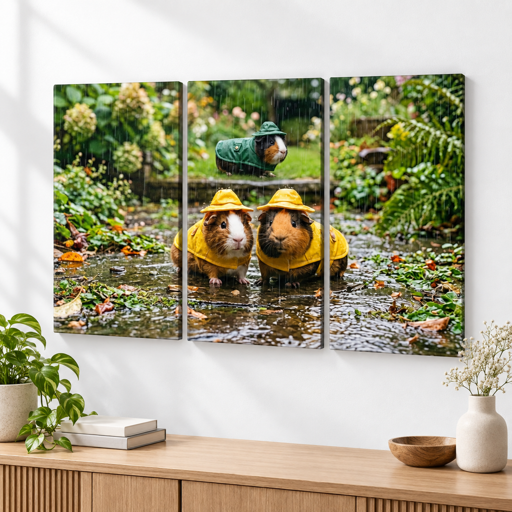 3 Guinea Pigs Playing in the Rain | 5-Panel Level Canvas Wall Art | 1, 3, 5 Panel