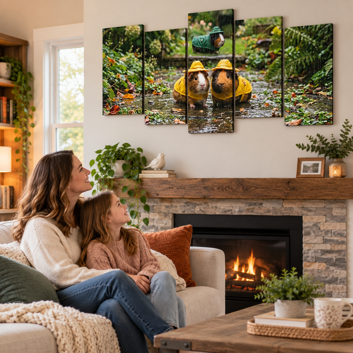 3 Guinea Pigs Playing in the Rain | 5-Panel Level Canvas Wall Art | 1, 3, 5 Panel