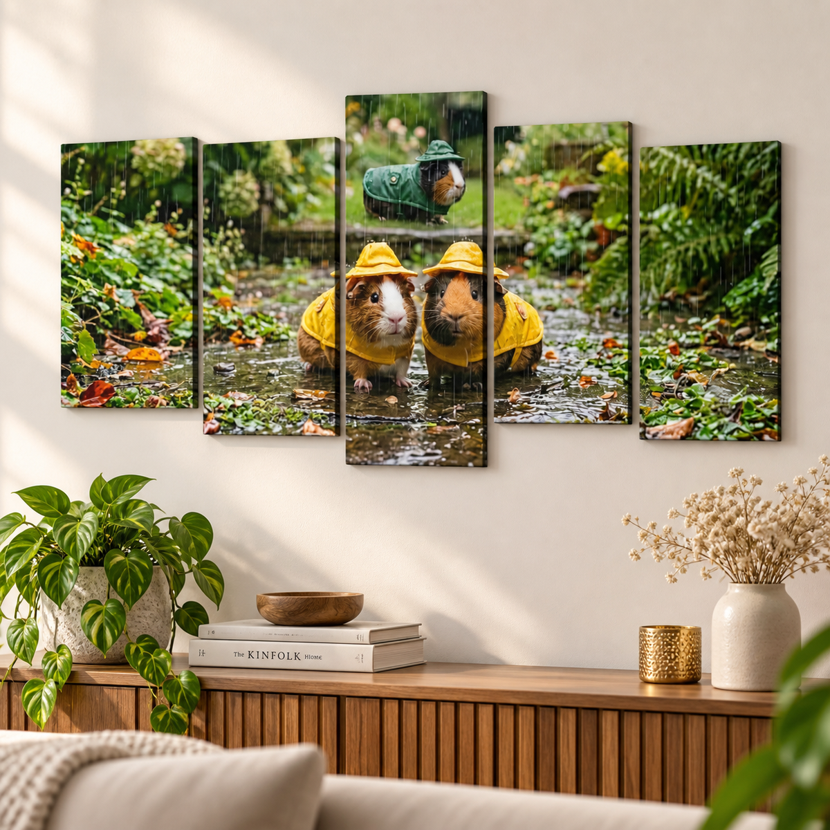 3 Guinea Pigs Playing in the Rain | 5-Panel Level Canvas Wall Art | 1, 3, 5 Panel