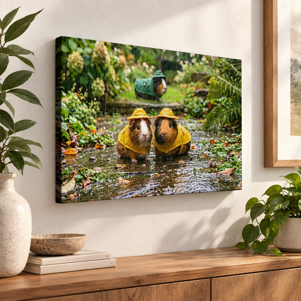 3 Guinea Pigs Playing in the Rain | 5-Panel Level Canvas Wall Art | 1, 3, 5 Panel