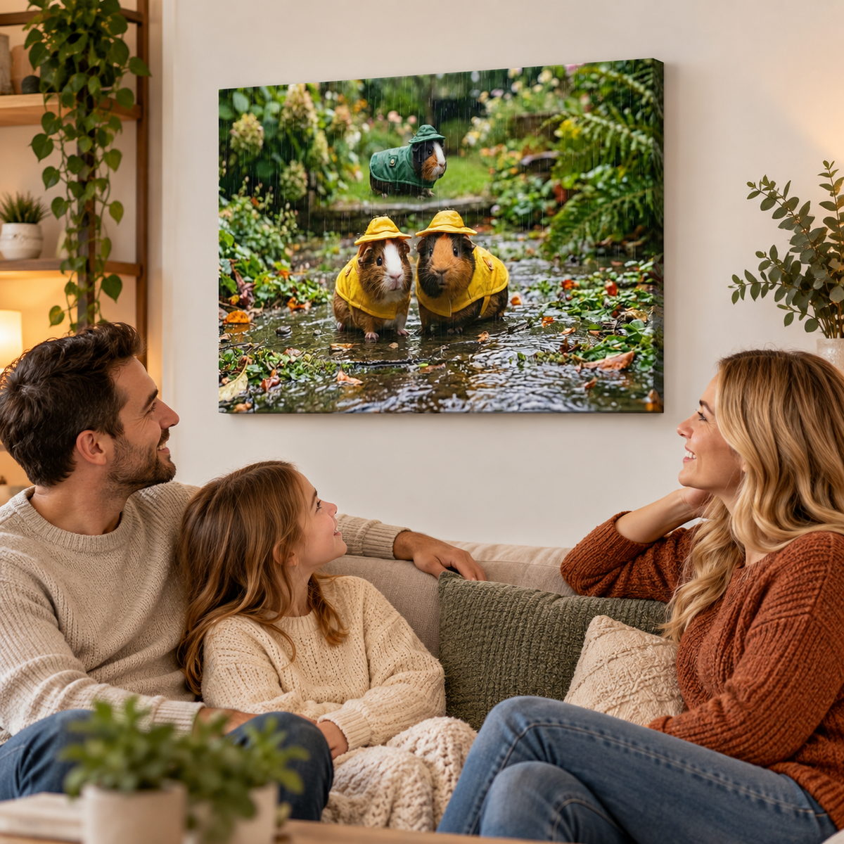 3 Guinea Pigs Playing in the Rain | 5-Panel Level Canvas Wall Art | 1, 3, 5 Panel