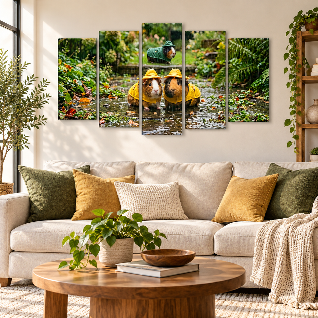 3 Guinea Pigs Playing in the Rain | 5-Panel Level Canvas Wall Art | 1, 3, 5 Panel