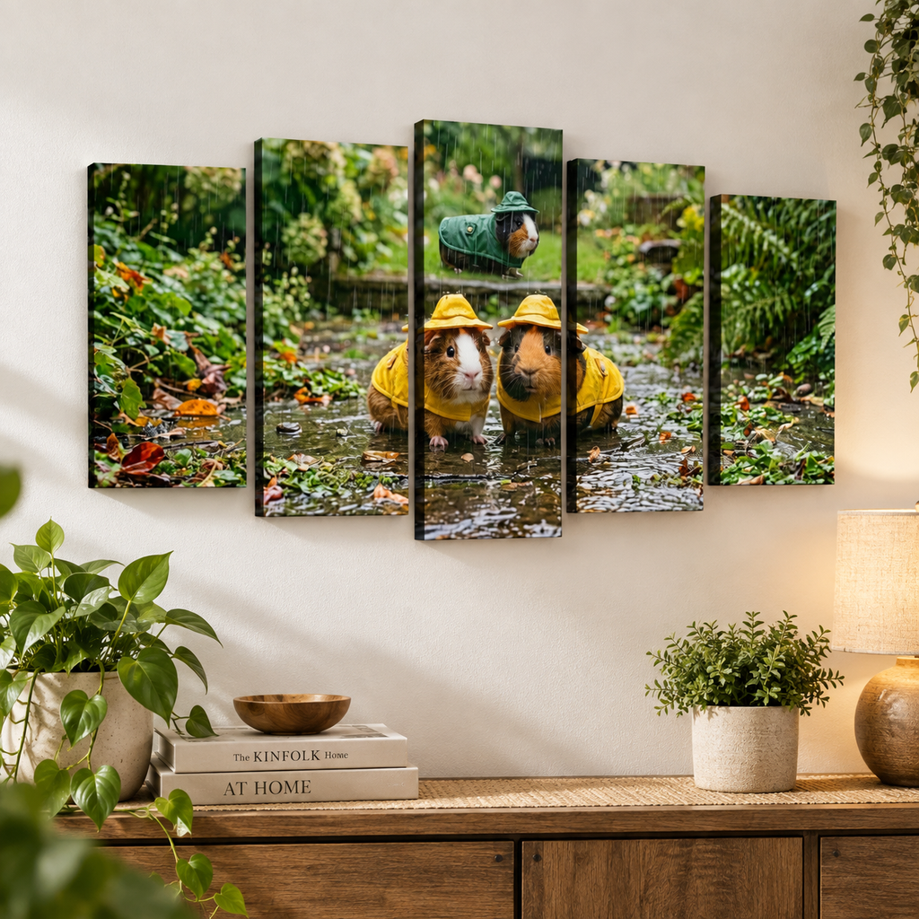 3 Guinea Pigs Playing in the Rain | 5-Panel Level Canvas Wall Art | 1, 3, 5 Panel