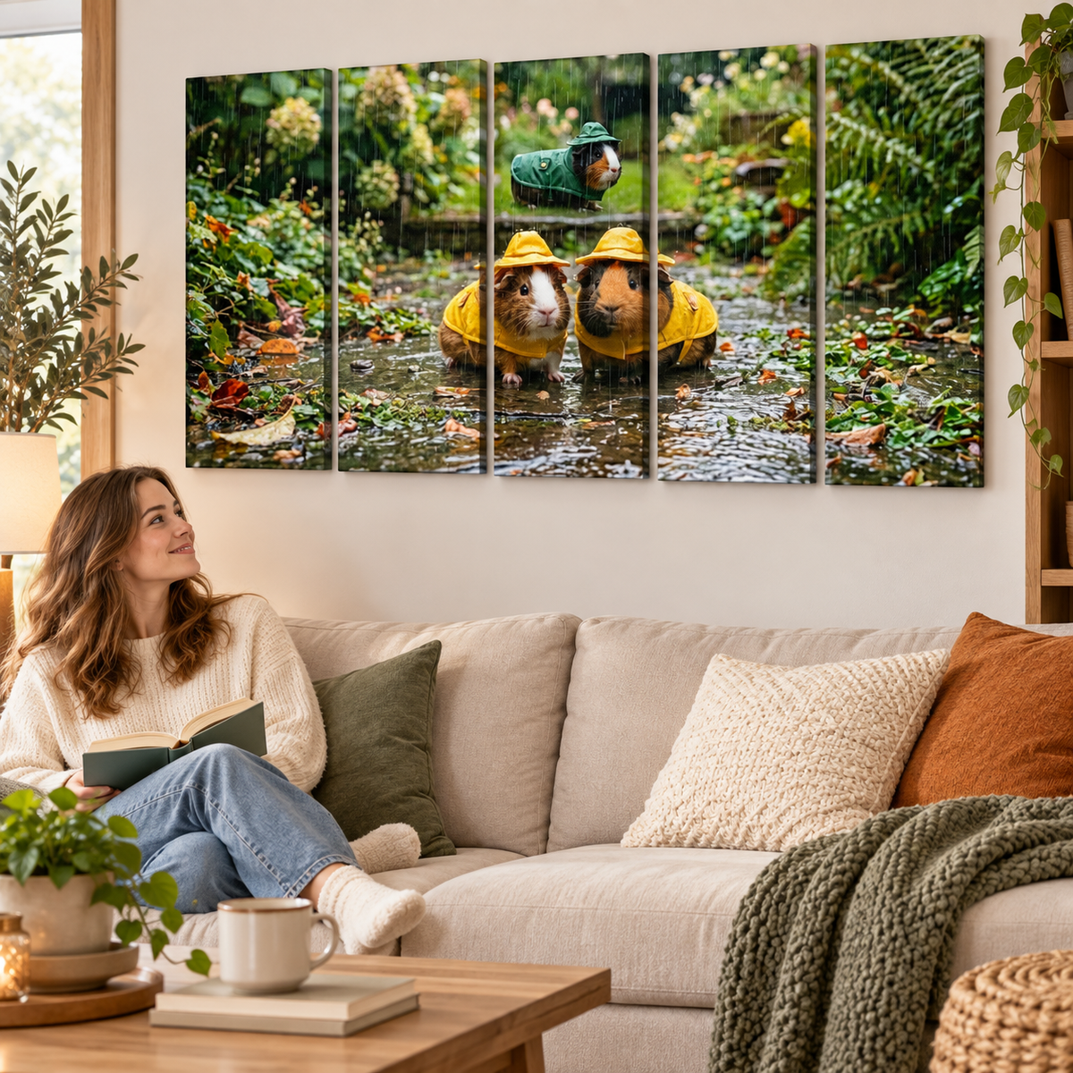 3 Guinea Pigs Playing in the Rain | 5-Panel Level Canvas Wall Art | 1, 3, 5 Panel
