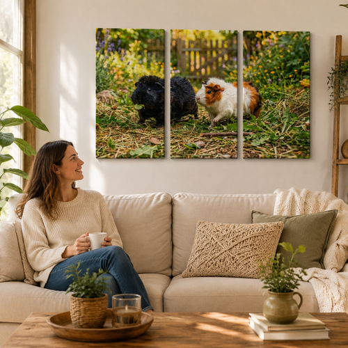 A woman sits on a beige sofa in a sunlit living room, holding a mug and looking at a three-panel canvas wall art print showing two guinea pigs outdoors in a garden.