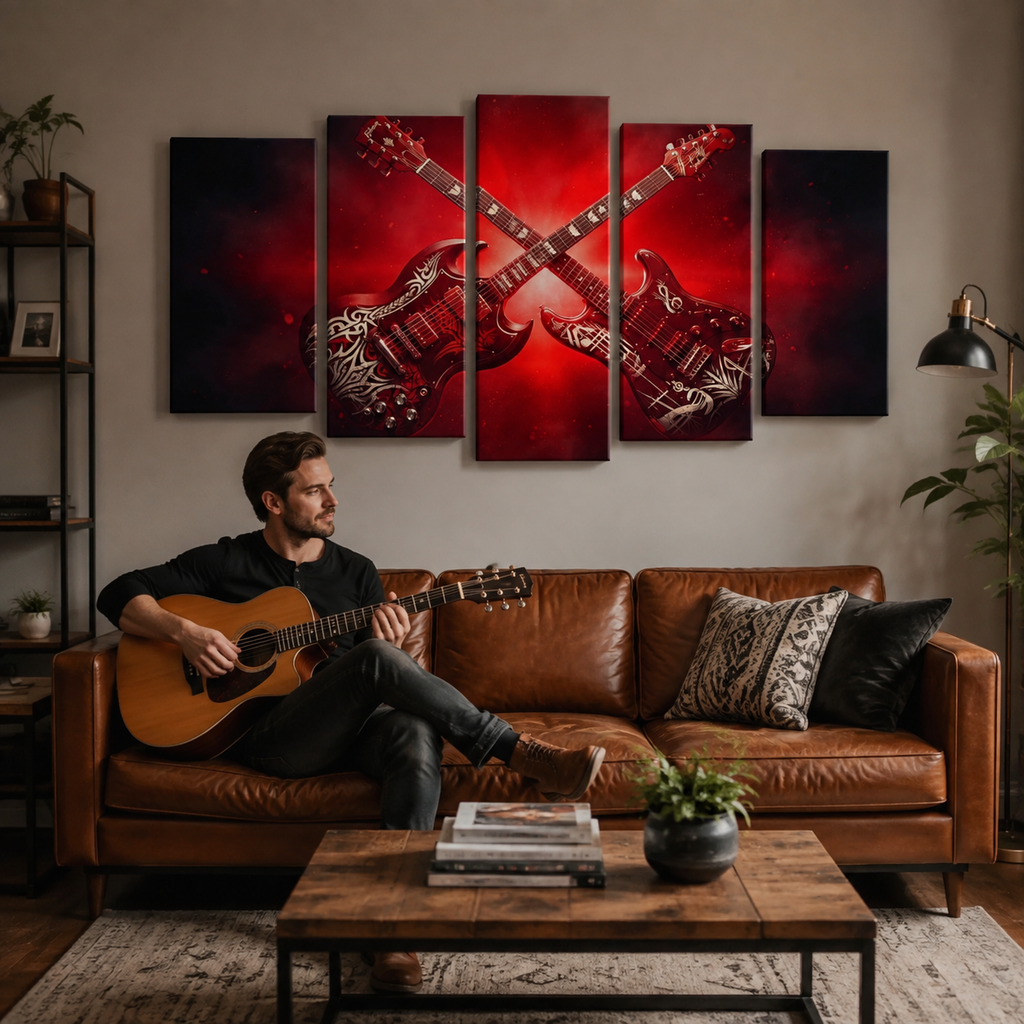 A man sits on a brown leather sofa in a living room, holding an acoustic guitar in front of a large five-panel canvas wall art set depicting two red electric guitars crossed against a dark red background.