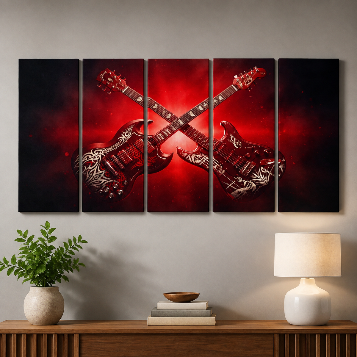 A four-panel canvas wall art set depicting two crossed electric guitars in red and black with white graphic details, displayed on a wall above a wooden console table with a lamp, books, and a plant.
