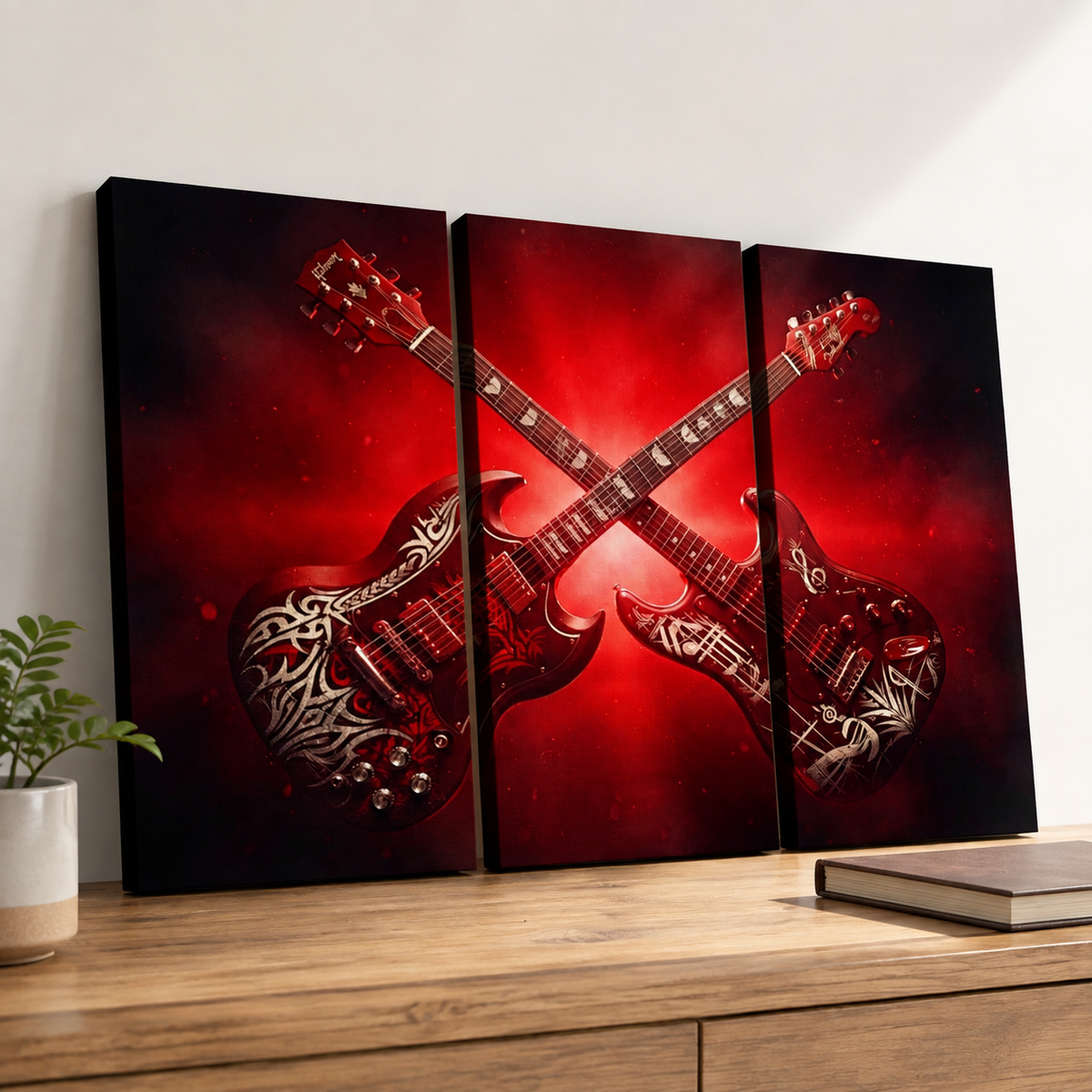 A three-panel canvas wall art set depicting two crossed red electric guitars with white graphic patterns, displayed on a wooden console table against a white wall.
