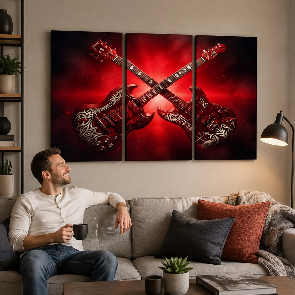 A man sits on a gray sofa in a living room, holding a black mug and looking at a large three-panel wall art piece showing two crossed red electric guitars with white tribal-style graphics.