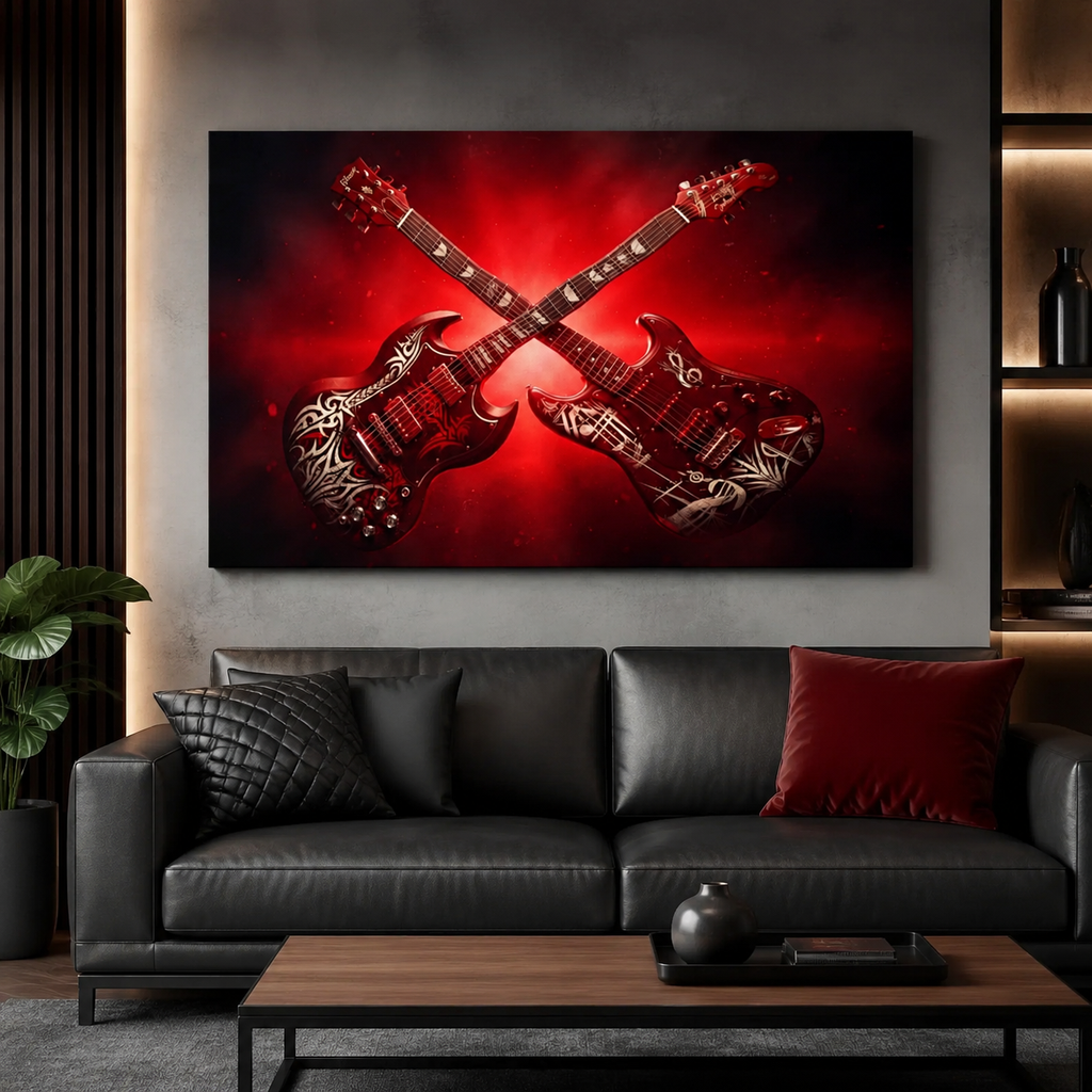 A large wall art canvas showing two crossed electric guitars against a dramatic red glow, displayed above a black leather sofa in a modern living room setting.