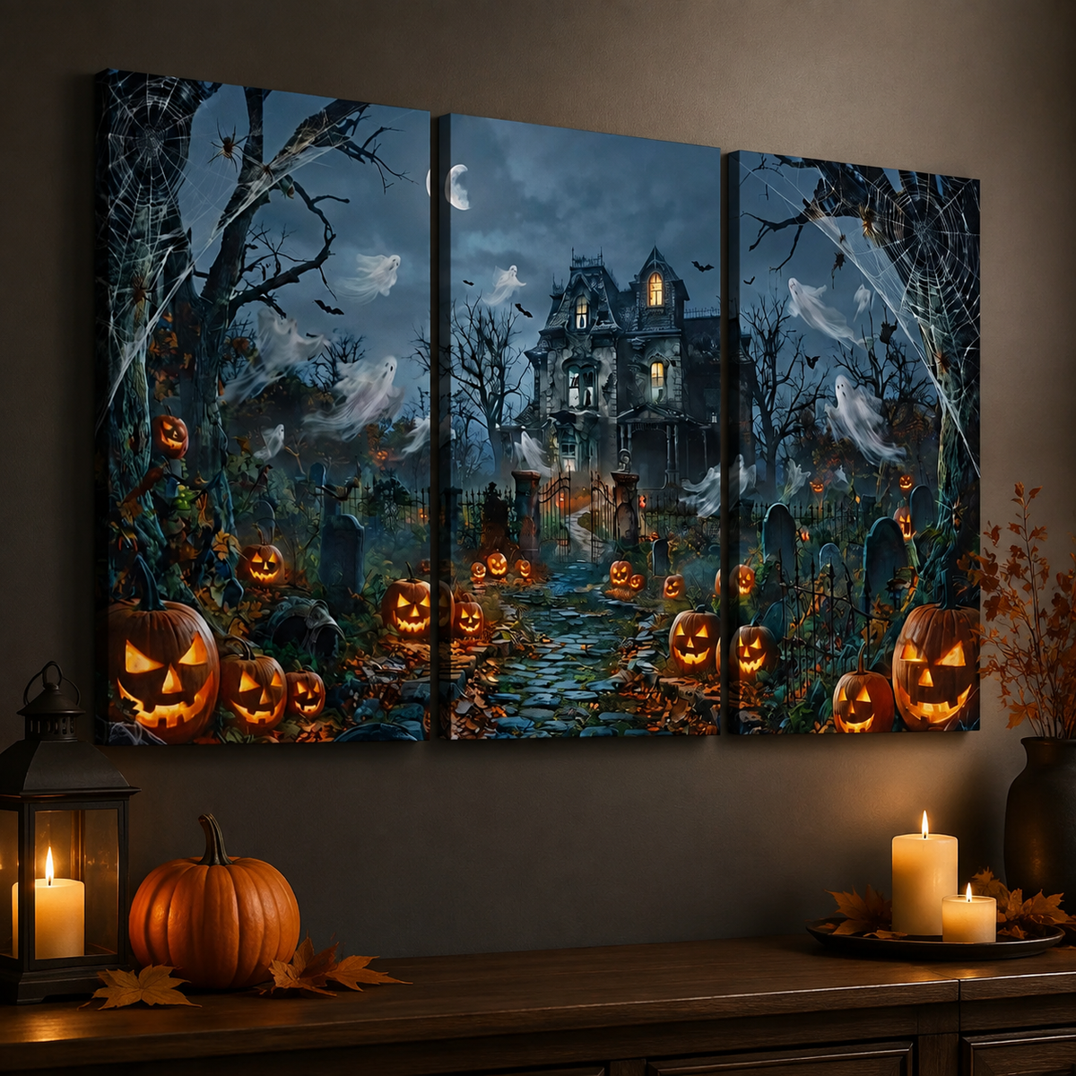 Halloween Haunted House Pumpkins & Moon — 5-Panel Level Canvas Wall Art