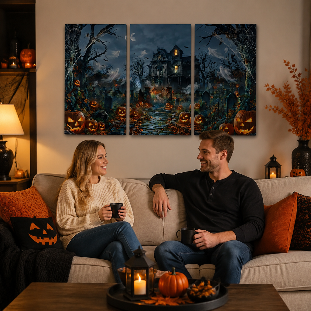 Halloween Haunted House Pumpkins & Moon — 5-Panel Level Canvas Wall Art