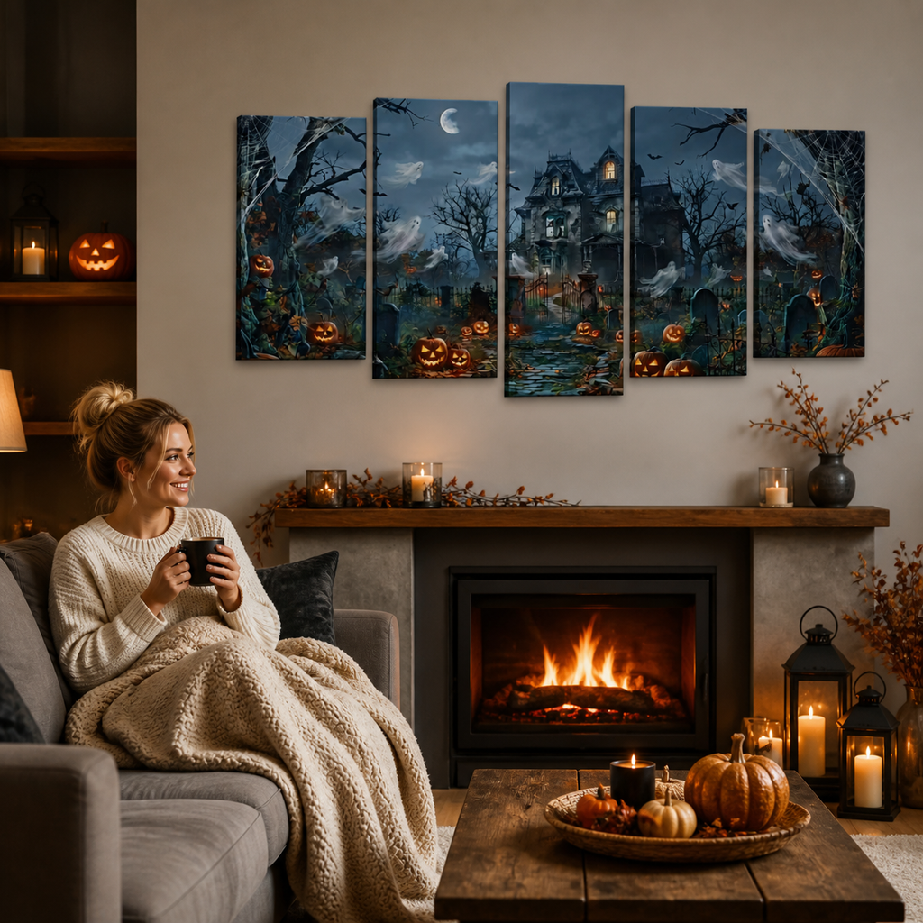 Halloween Haunted House Pumpkins & Moon — 5-Panel Level Canvas Wall Art