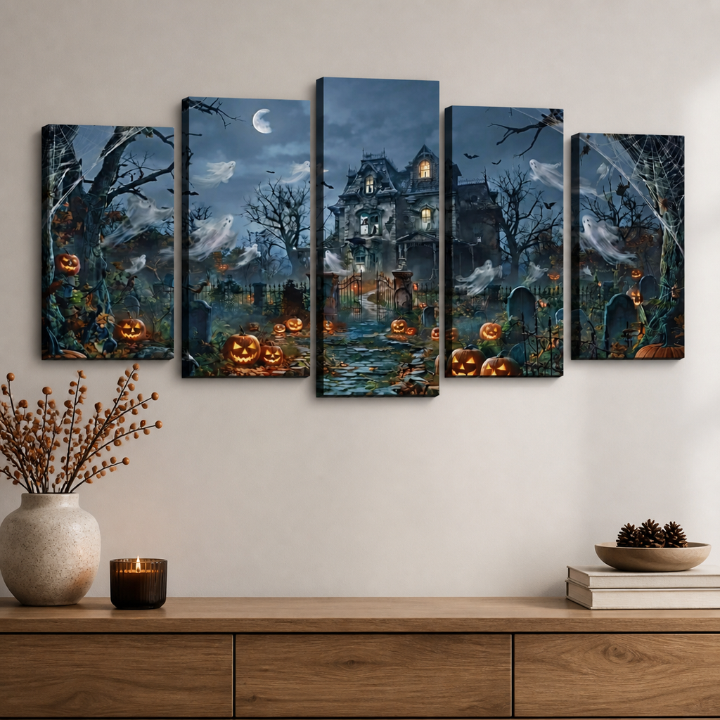 Halloween Haunted House Pumpkins & Moon — 5-Panel Level Canvas Wall Art