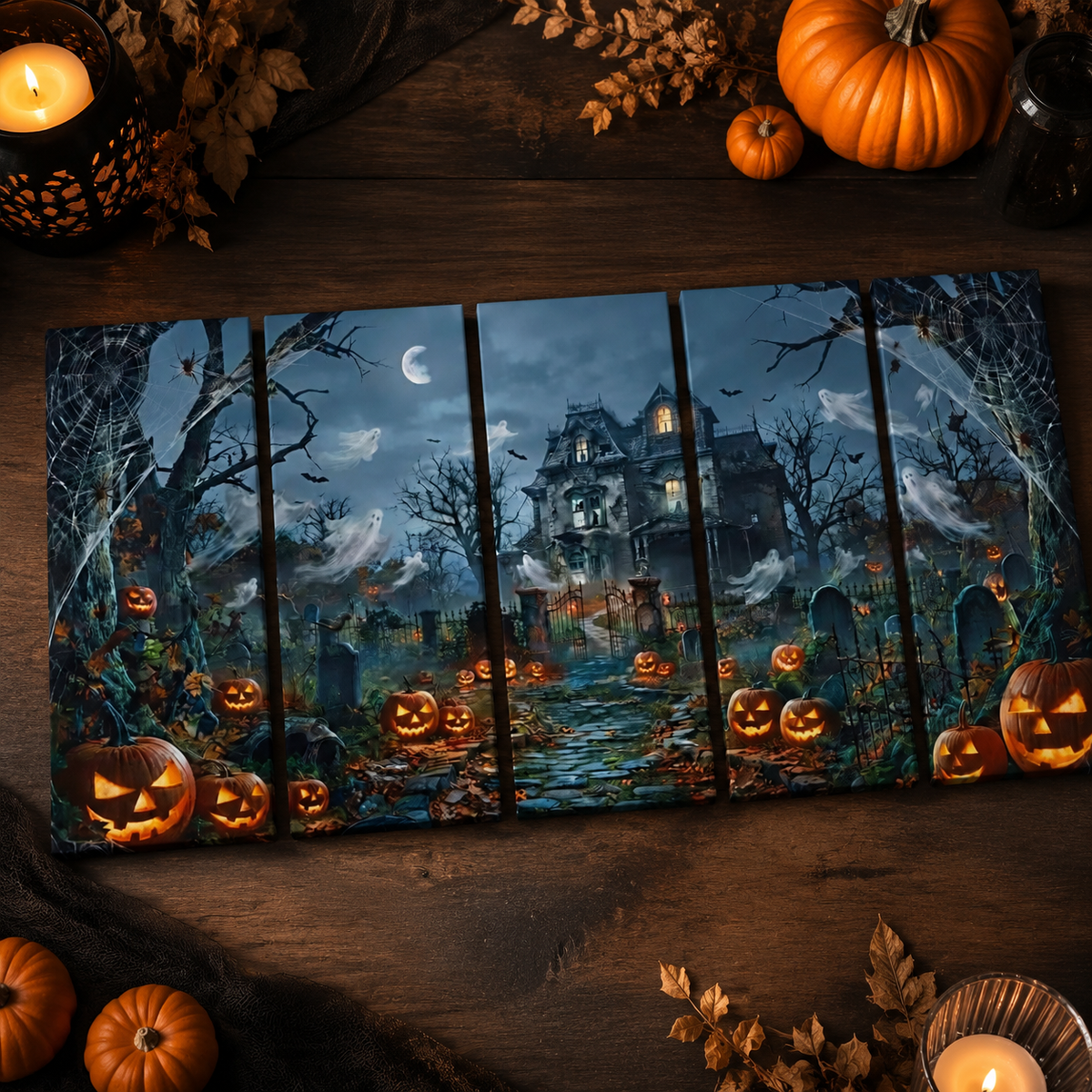 Halloween Haunted House Pumpkins & Moon — 5-Panel Level Canvas Wall Art
