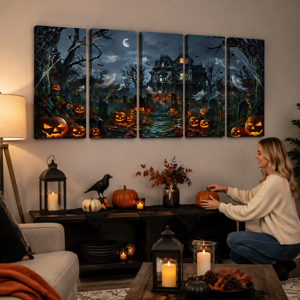 Halloween Haunted House Pumpkins & Moon — 5-Panel Level Canvas Wall Art