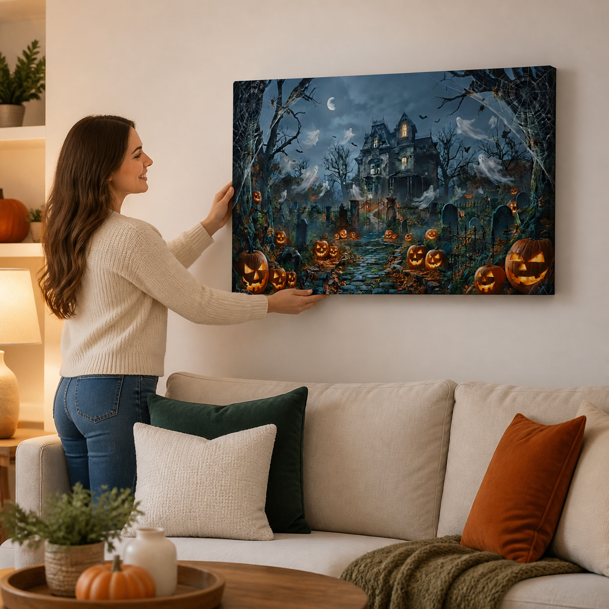 Halloween Haunted House Pumpkins & Moon — 5-Panel Level Canvas Wall Art