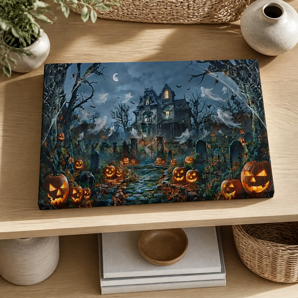 Halloween Haunted House Pumpkins & Moon — 5-Panel Level Canvas Wall Art