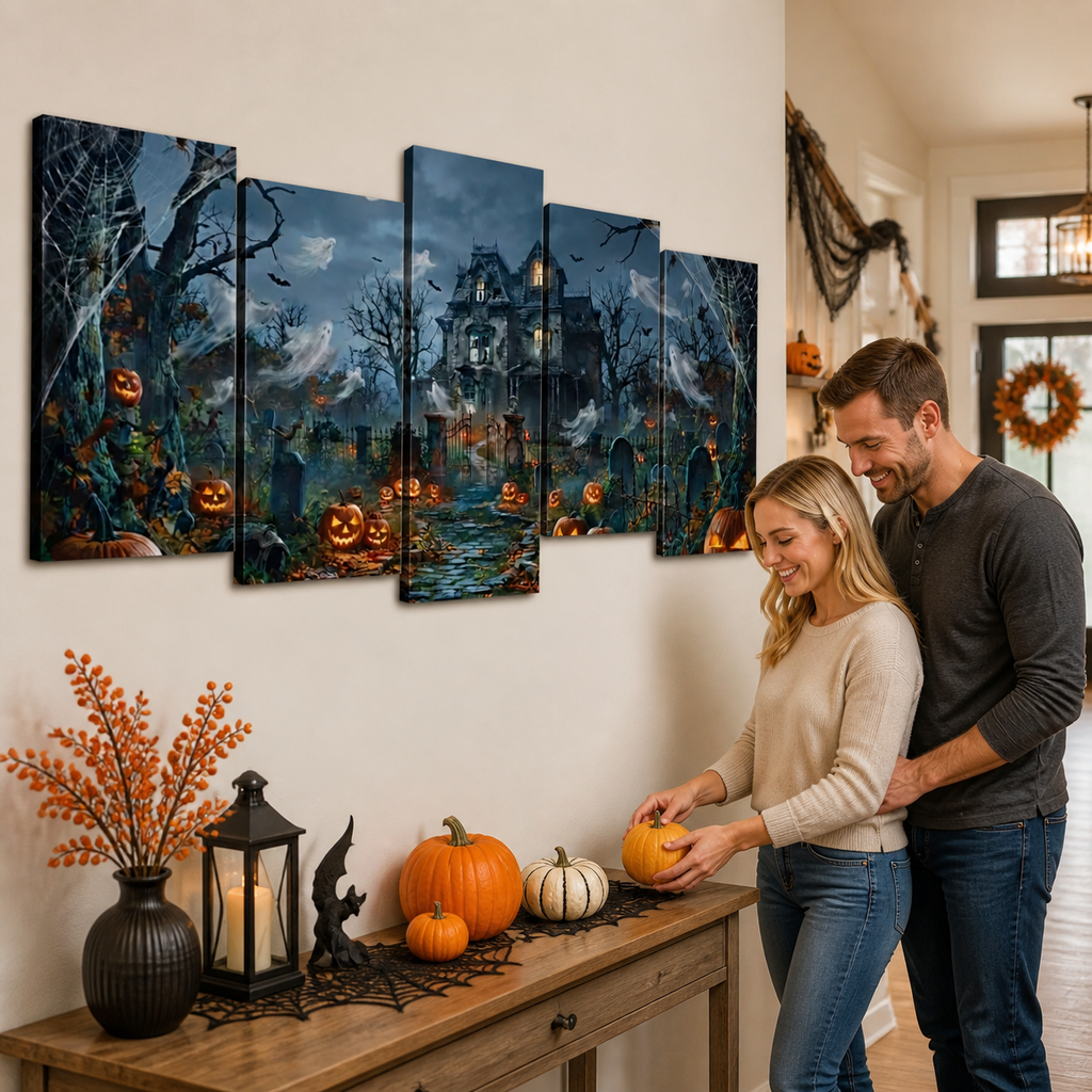 Halloween Haunted House Pumpkins & Moon — 5-Panel Level Canvas Wall Art