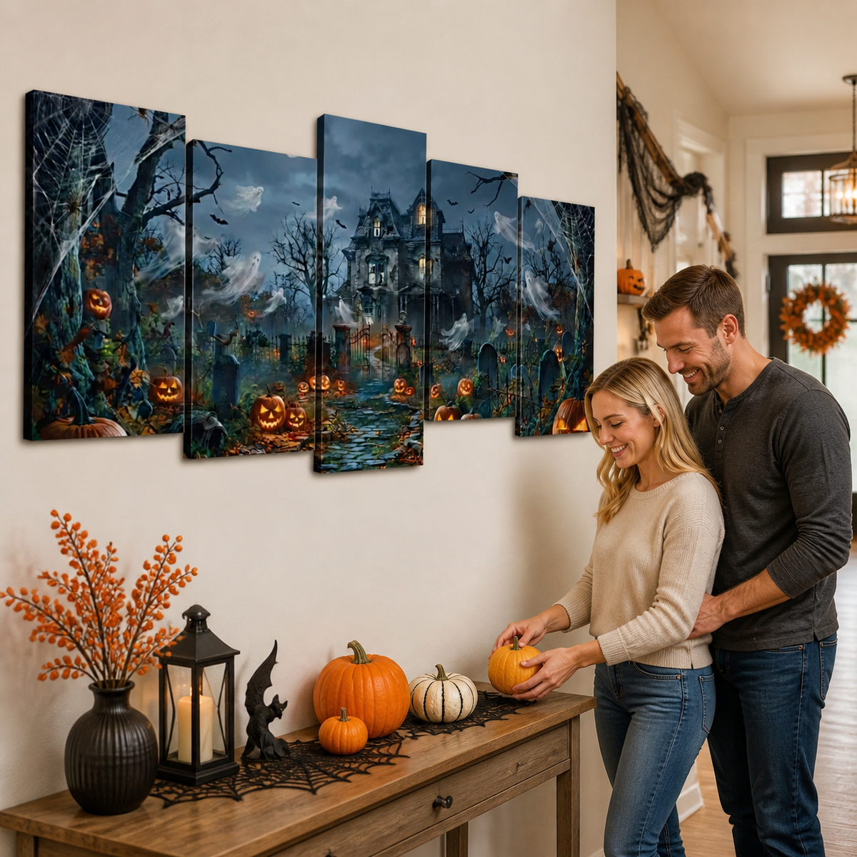 Halloween Haunted House Pumpkins & Moon — 5-Panel Level Canvas Wall Art