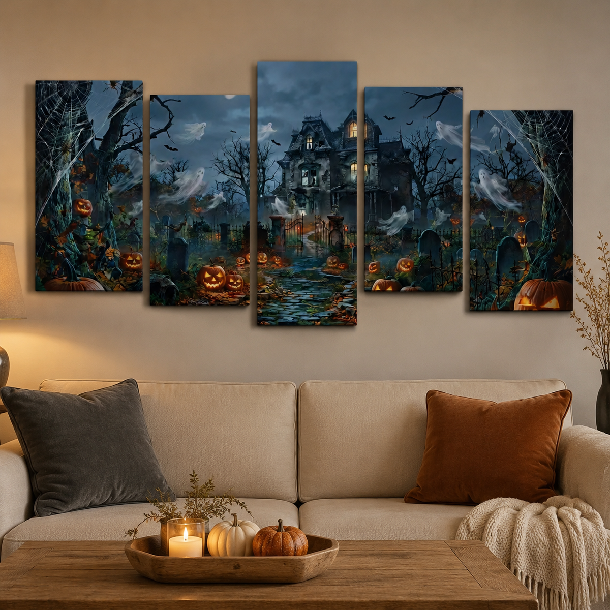 Halloween Haunted House Pumpkins & Moon — 5-Panel Level Canvas Wall Art